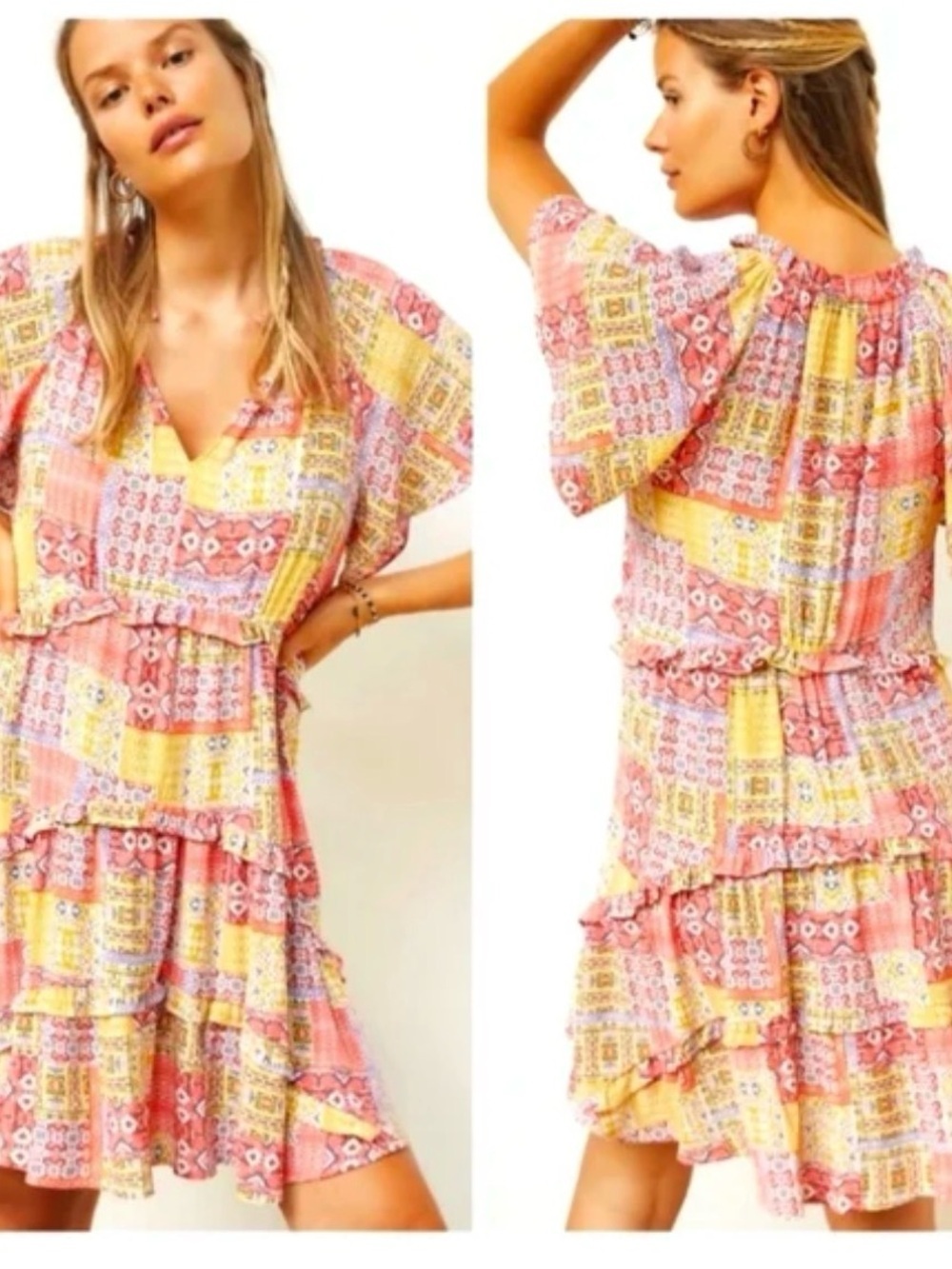 Anthropologie Robin Tiered Mini Dress Pink & Yellow Patchwork XLP